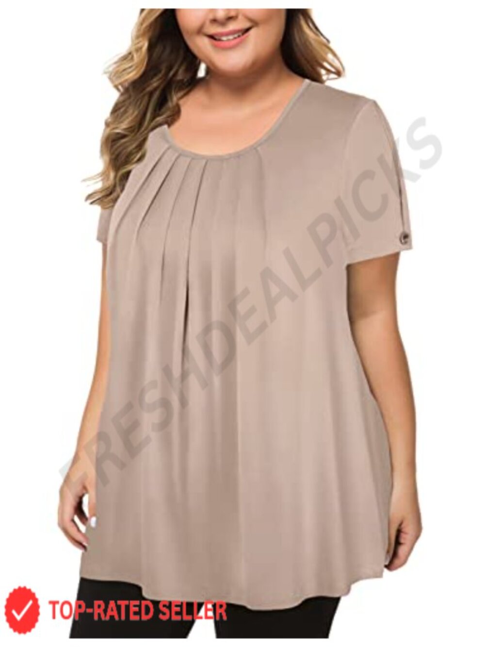 Women's Plus Size Pleated Tunic Top Short Sleeve Button Scoop Neck Blouse